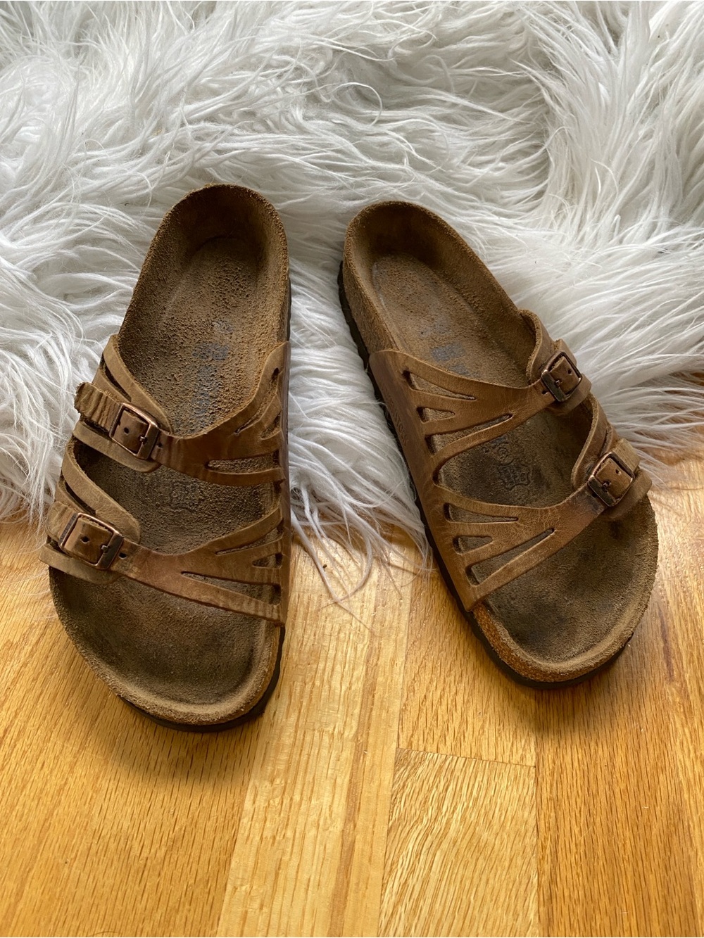 Birkenstock Granada Leather SoftBed Brown Suede Two-Buckle Slide Sandals